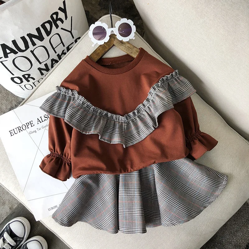 

2018 Children Girls' Shirt Autumn Children British Style Flounced Hoodie Gray Stripes Short Skirt Two-Piece Set's