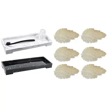 

6Pcs Leaf-Shaped Placemat, Pvc Hollow Non-Slip Placemat & 2Pcs Wash Basin Tray Cosmetic Trays Resin Marble Style