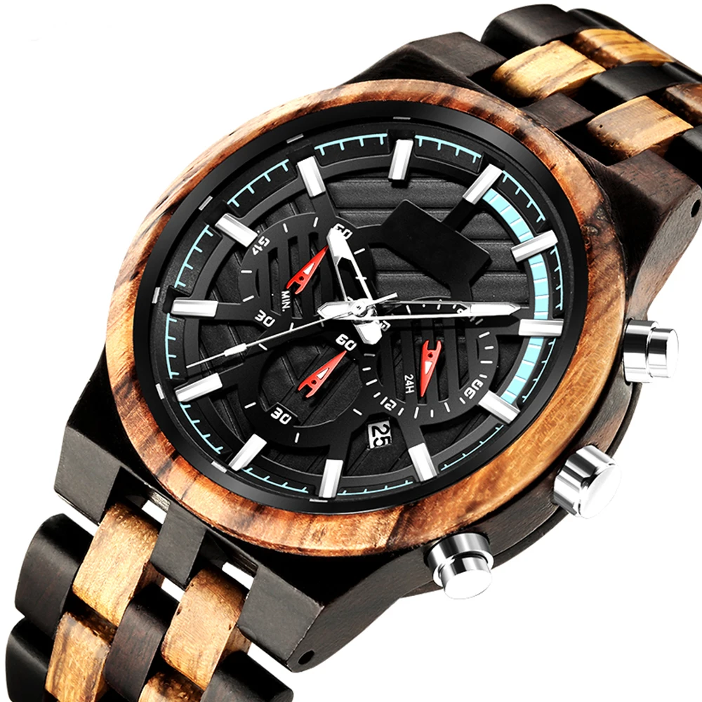 Unique Wooden Wrist Watches Men Date Chronograph Wood Watch Quartz Multi-function Dial Bamboo Clock Male Bracelet reloj de mader