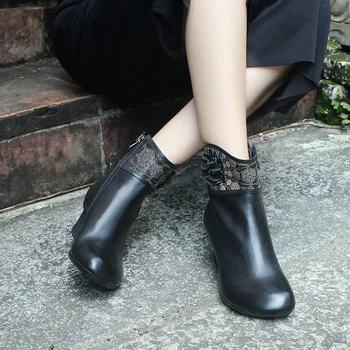 

2019 Handmade High Heels Black Women Chelsea Boots Round Toe Woman Shoes Spring/Autumn Folk Ethnic Style