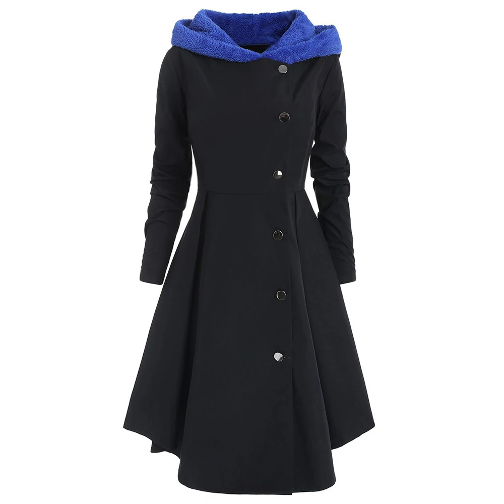 Vintage Ladies A-Line Coats Winter Long Sleeve Hooded Windbreaker Women Retro Single Breasted Button Overcoat Autumn Outwear D25 | Женская