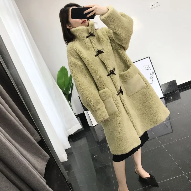 

2019 winter women thick warm stand collar 30% wool fur coats horn buttons plus size loose oversize faux fur outerwear w1855