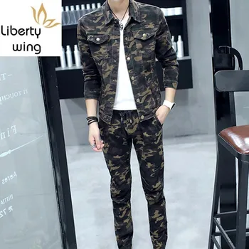 

Spring New Fashion Mens Sets Military Camouflage Long Sleeve Man Jeans Coat Biker Elasitc Waist Full Length Denim Trousers