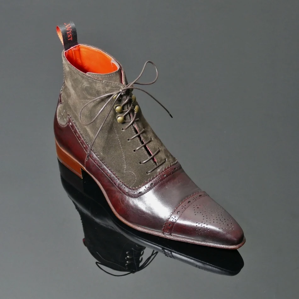 

Men Pu and Suede Leather Fashion Boots Med Heel Wingtip Lace-up Style Design Brogue Boot Ankle Vintage Classic Male Casual Tv843