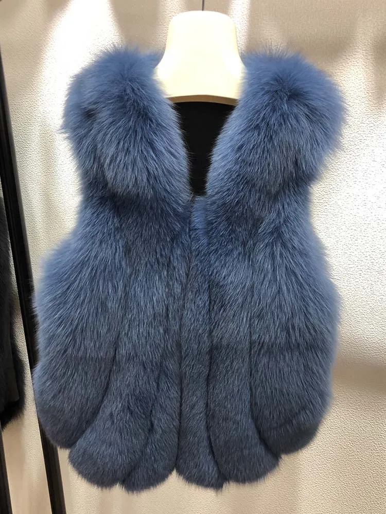 Blue Стиль, женские жилеты из лисьего меха, зимний модный меховой жилет, высокое качество, пушистый натуральный мех, жилет S7582 - Цвет: Blue