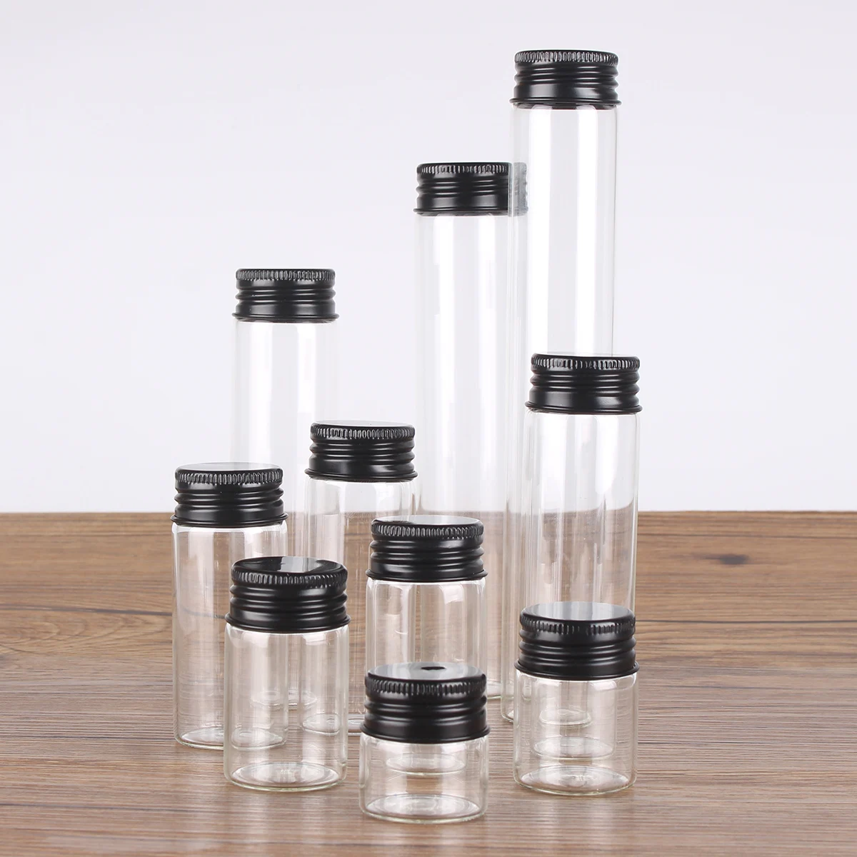 Assorted Glass Bottles with Black Aluminum Caps - Set of 12 Essential Potion and Spice Jars