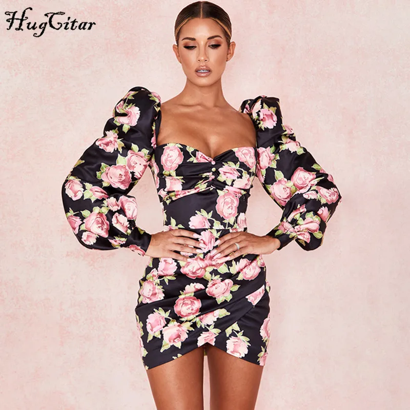 Goede Hugcitar 2019 Rose Bloemenprint Lange Puff Mouwen Ruches Sexy Mini Jurk Herfst Winter Vrouwen Party Elegant Streetwear Outfits