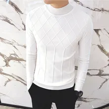 Осенне-зимний теплый модный клетчатый мужской повседневный деловой свитер с высоким воротом, мужской вязаный шерстяной свитер, белый серый черный