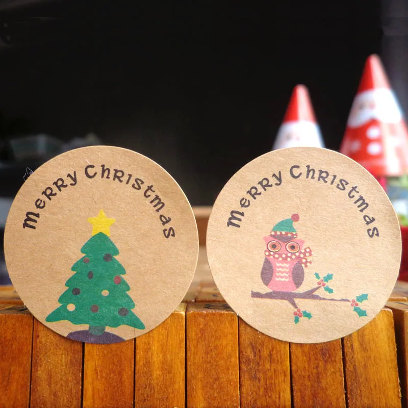 

204pcs Christmas Tree Kraft Paper Sticker Owl Seal Sticker Merry Christmas Gift Sticker Label Gift Box Decoration Lable Stickers