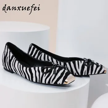 

Women's Zebra pattern horse hair slip-on ballet flats leisure soft comfort ballerinas high quality metal square toe casual shoes