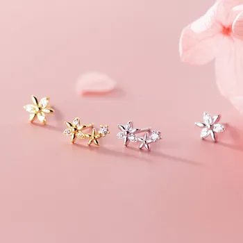 

925 Sterling Silver Asymmetry Zircon Flower Stud Earrings For Women Party Wedding Jewelry Pendientes Mujer Moda eh965