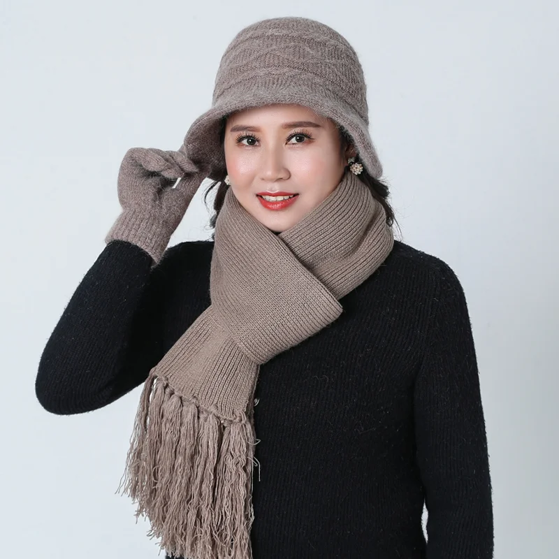 SUOGRY New Women's Knitted Hat Female Solid Color Scarf gloves And Hat Set Winter Rabbit Thick Fur Warm Beanies Ms. Middle Caps