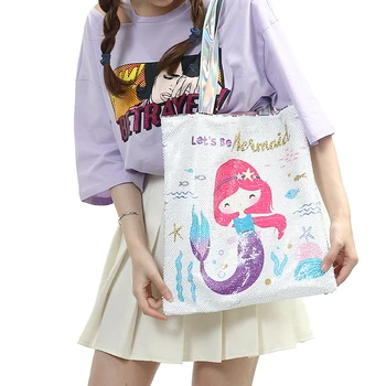 

Women Cartoon Letter Sequin Handbag New Large Shopping Tote Polyester Colorful Unicorn Shoulder Bag Glittering Mermaid Beach Bag
