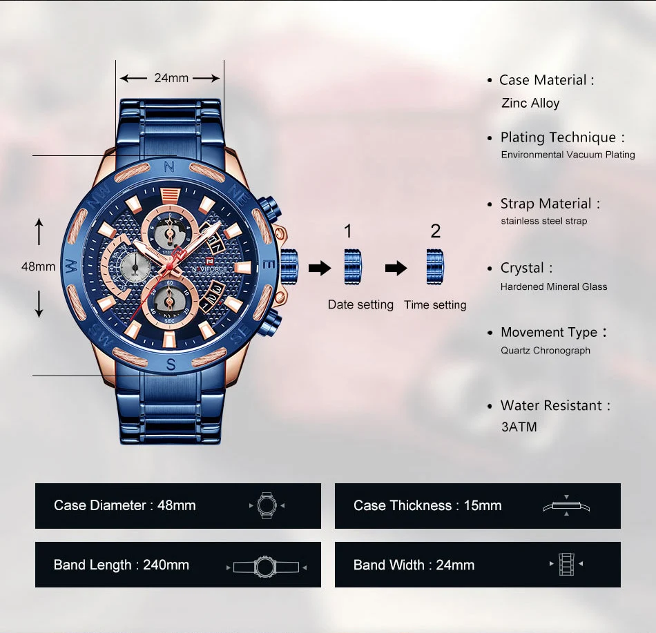 NAVIFORCE, мужские часы, водонепроницаемые, нержавеющая сталь, кварцевые часы, мужские, хронограф, военные часы, наручные часы, Relogio Masculino