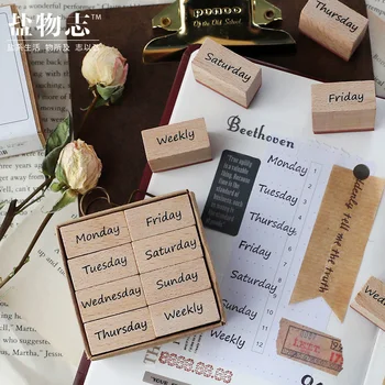 

8pcs/set Retro Week Calendar Diary Wooden Custom Rubber Stamps Scrapbooking, Decoration Stamp for Memo Task Check Record Keep