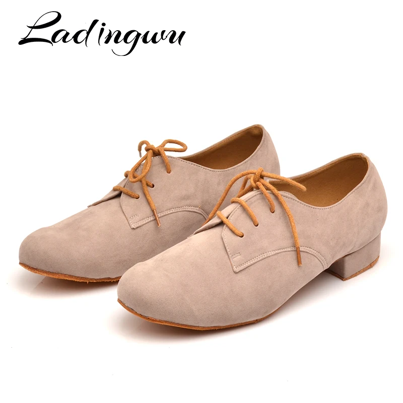 Ladingwu Men's Suede Ballroom Dance Shoes Flats Modern Light Brown Tango Party Wedding Square | Спорт и развлечения