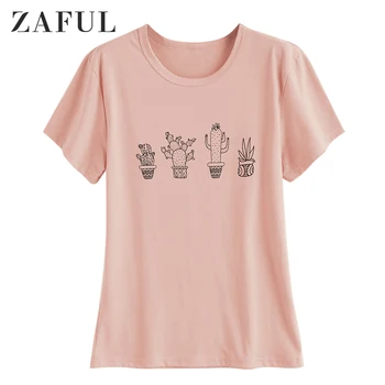 

ZAFUL Women Cactus Graphic Short Sleeve T-Shirt Plant Printed Fashion Round Neck T-Shirts Tops Ladies Basic Tees