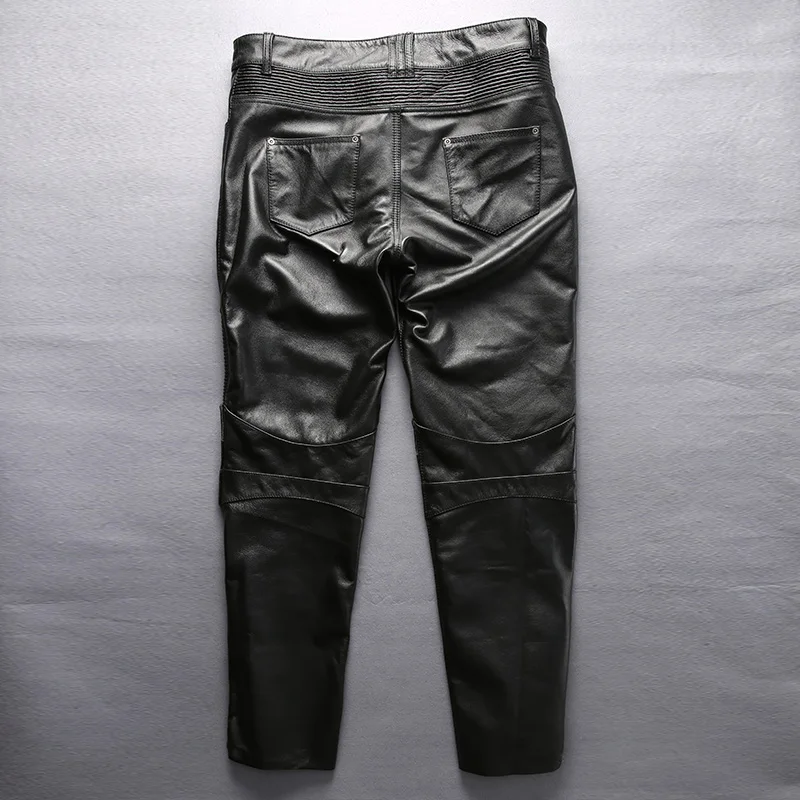 Brand Genuine Leather Long Pants Men's Profession Motorcycle Biker Trousers Slim Fit Cowskin Real Leather Protective Gear Pants