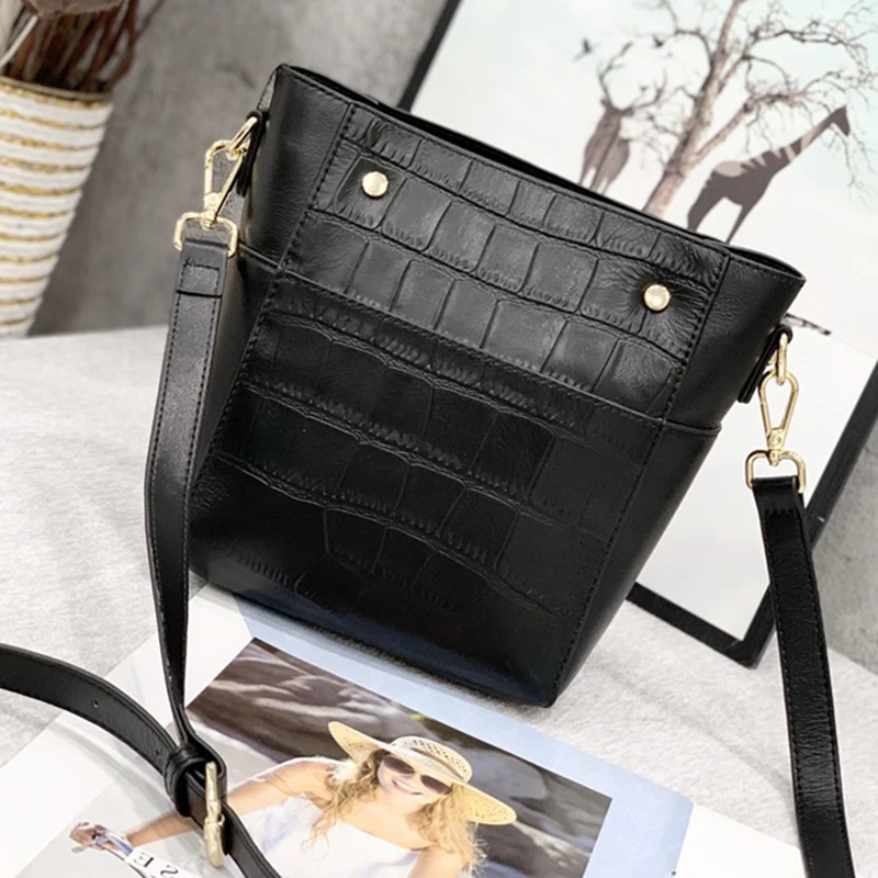 

High Quality Lady Shoulder Bag 100% Genuine Leather Tote Bag Strap Crocodile Bucket Bag Fashion Women Messenger Crossbody Bag