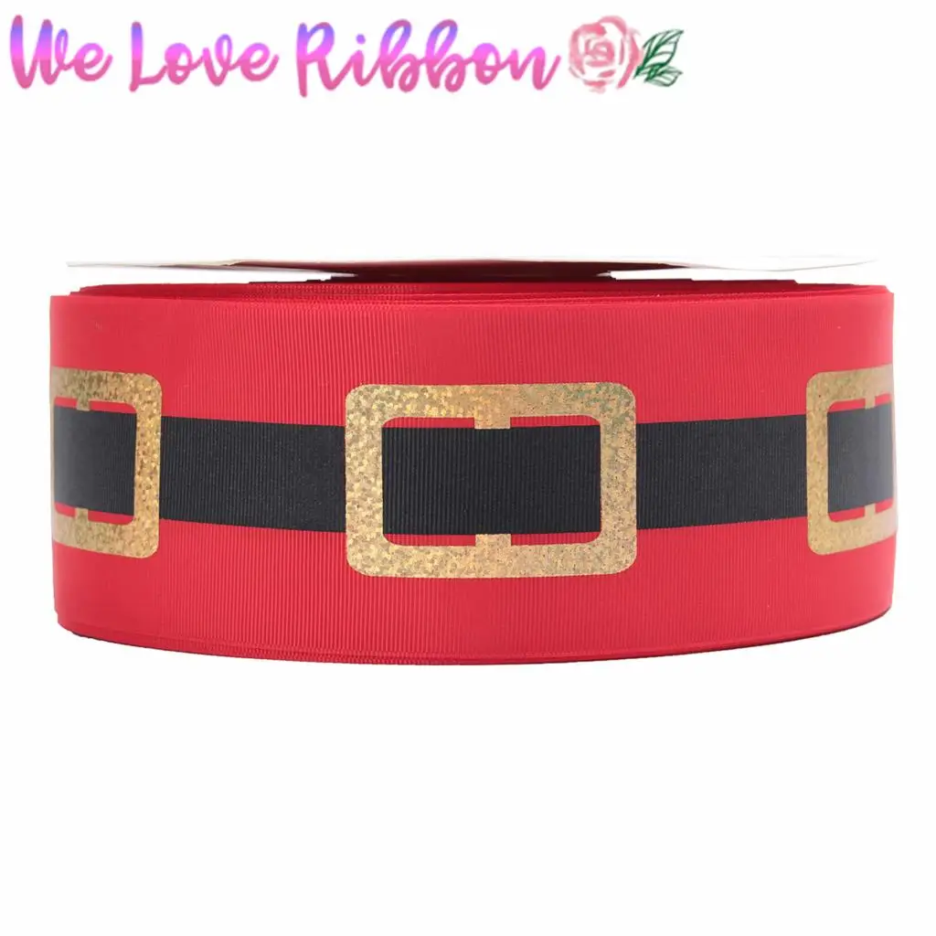 3"75mm Gold Foil Christmas Check Geometric Printed Grosgrain Ribbon Red with Black DIY Bowknots Hair Band Making 50yards/roll