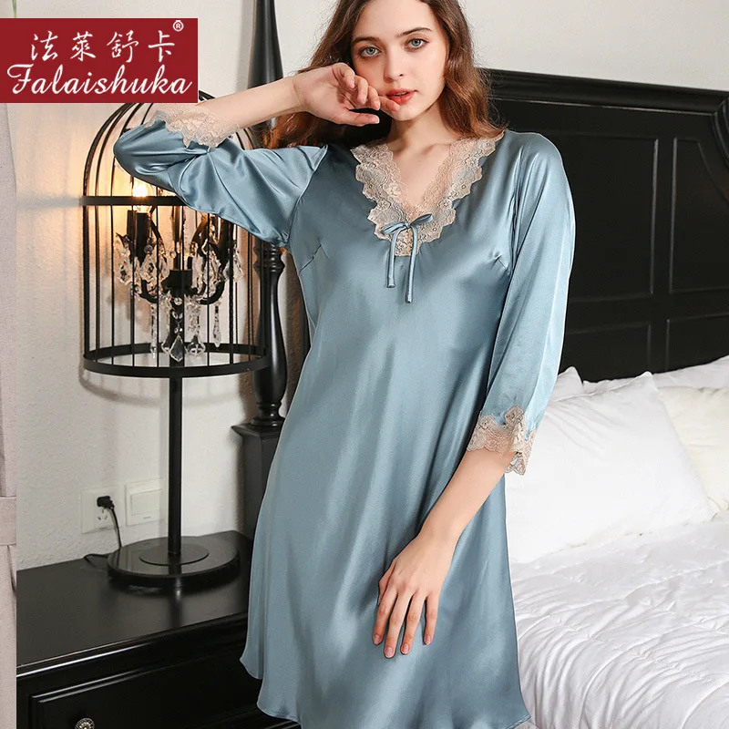 

16 momme Summer 100% genuine silk nightgowns women sexy lace V-Neck Mulberry silk nightdress sleepdress vestidos mujer S82008