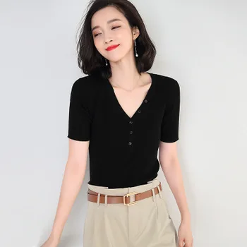 

Fashionable casual loose V-neck button decoration knitted short-sleeved T-shirt women