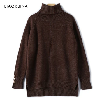 

BIAORUINA 4 Colors Women's Warm Thick Autumn Winter Hem Split Turtleneck Knitted Sweater Solid Sweet All-match Pullovers