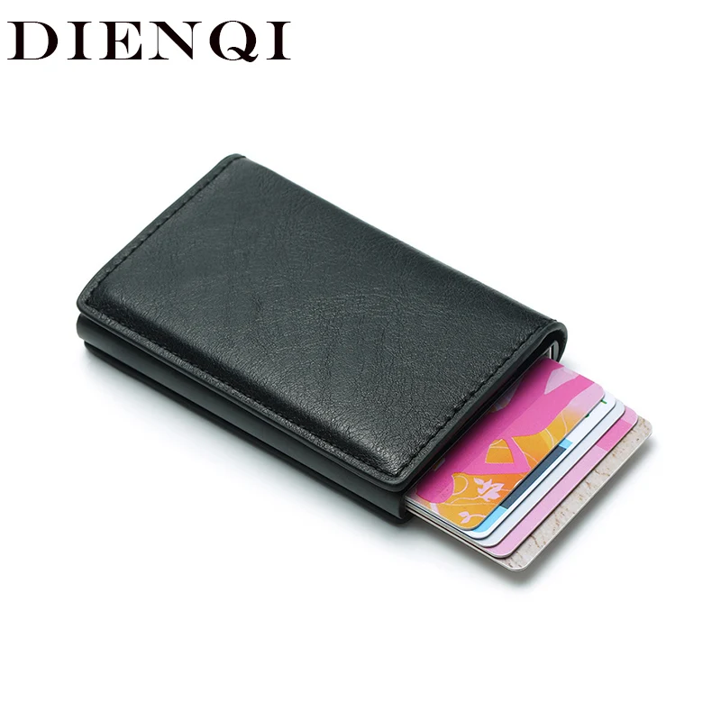 

DIENQI 2019 Credit Card Holder Men Women Metal RFID Vintage Aluminium Metal Crazy Horse PU Leather Slim Card Wallet Creditcard