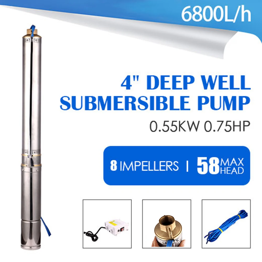 

SHYLIYU 4 Inch Submersible Water Pump 220V 0.75hp Stainless Steel Deep Well Pump 1.25" Outlet Irrigation Home Agricultural Pump