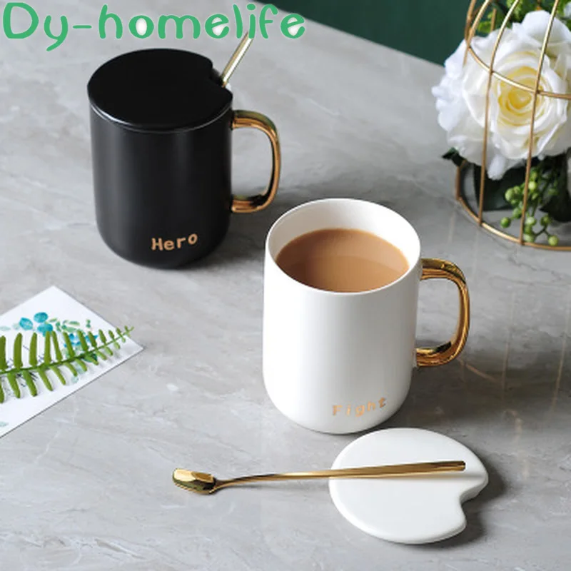 

Nordic Ins Black White Drawing Gold Letters with Handle Ceramic Mug Restaurant Household Bone China Coffee Tea Cup Lovers Cup