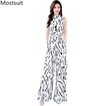 

2020 Summer Striped 2 Piece Pants Suits Sets Women Sleeveless Tops + Wide Leg Pants Suits Office Fashion Elegant 2 Pcs Sets