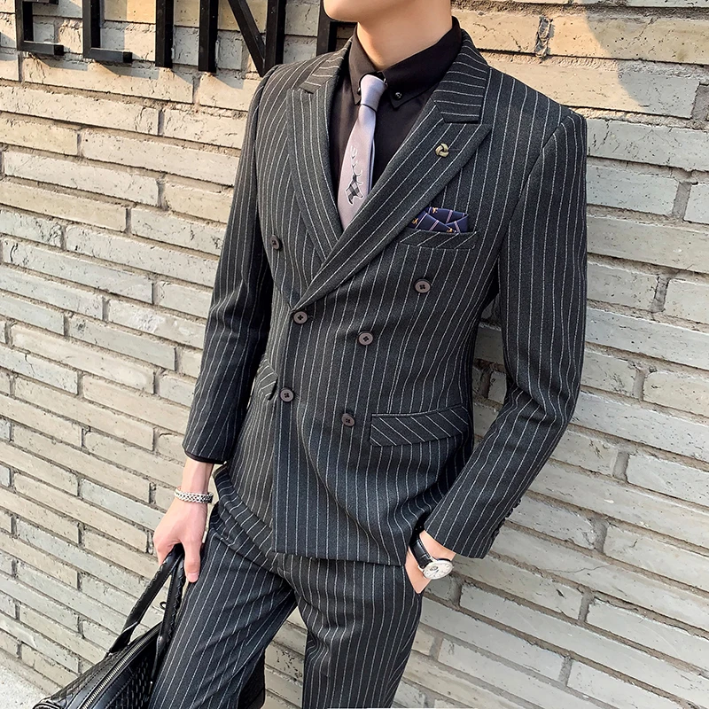 Костюм в полоску со штанами мужские Британский стиль модный бутик Slim Fit вечерние