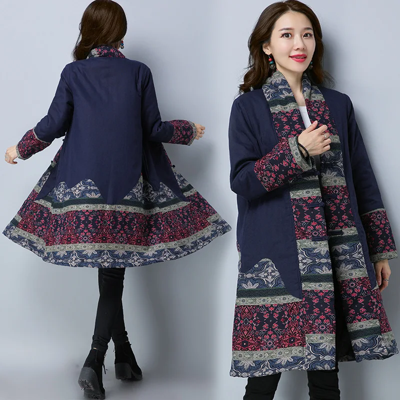

2018-New Installation Ethnic-Style WOMEN'S Wadded Jacket Print Trim Frog Chinese Clothing Large Size Mid-length Cotton WOMEN'S C