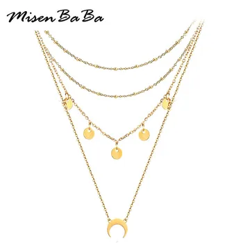

Stainless Steel Multi-layer Moon Pendant Necklace Gold Silver Color Round Sequins Beads Clavicle Chain Necklaces for Women