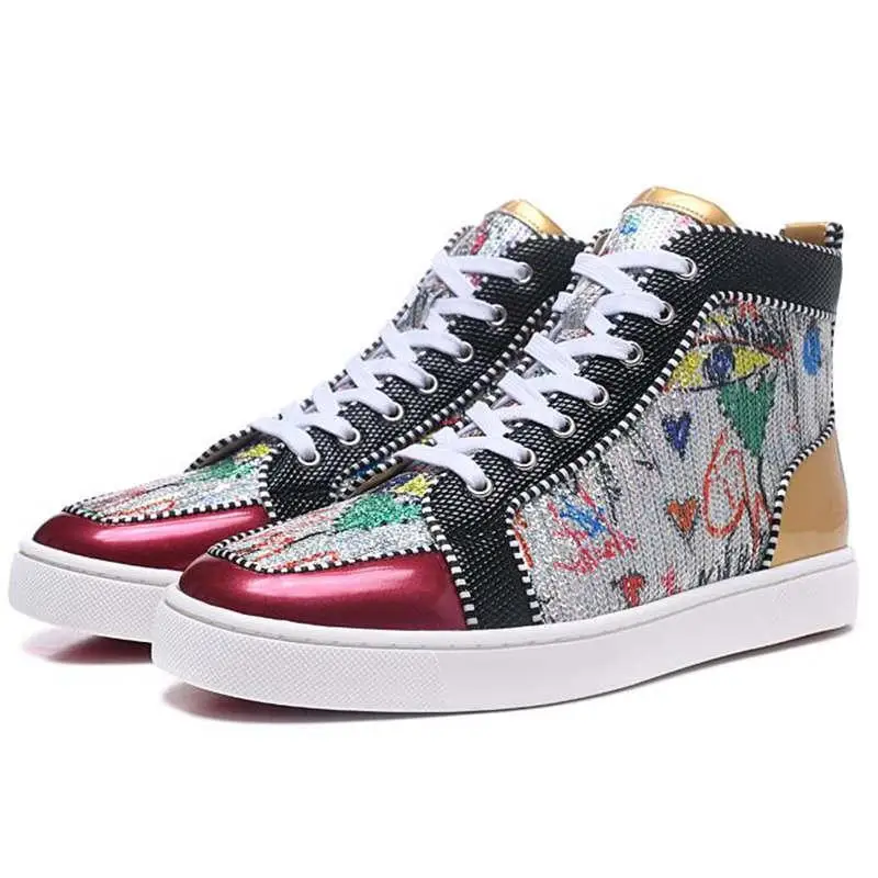 

2020 Men Casual Shoes Sequin Shiny Shoes Men Patchwork Mixed Color Graffiti Luxury Designers Street Style Flats Shoes Men