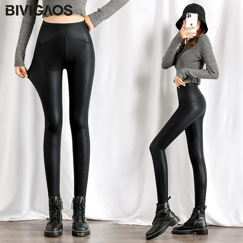 BIVIGAOS-Leggings de cuero mate para mujer, pantalones de