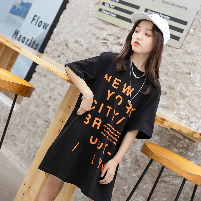 centeret hastighed Nuværende Long T-shirts For Girls Summer Loose Cotton Tops Kids Fashion Letter Print  Black Long Tops Teens Clothing 6 8 10 12 14 Years Old - T-shirts -  AliExpress