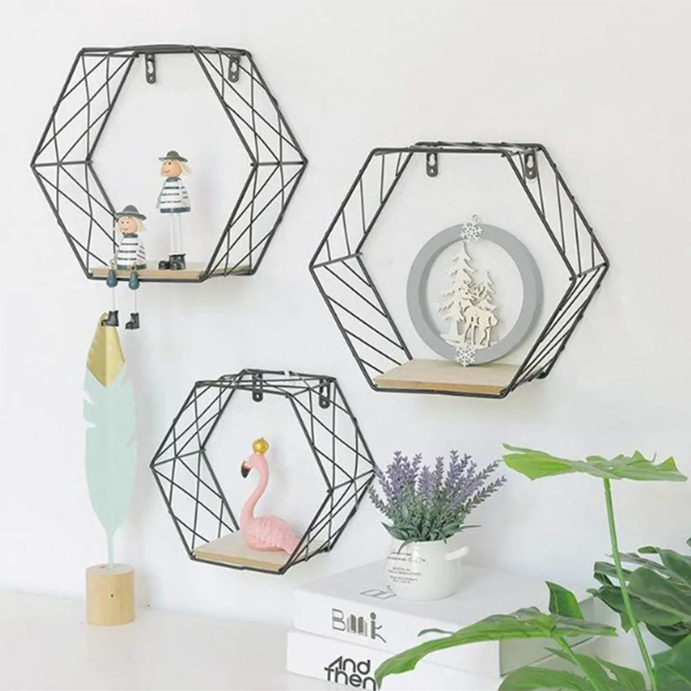 Nordic Iron Hexagonal Grid Wall Shelf Combination Wall Hanging Decorative Storage Rack Holder Display Crafts Shelves Dropshiping