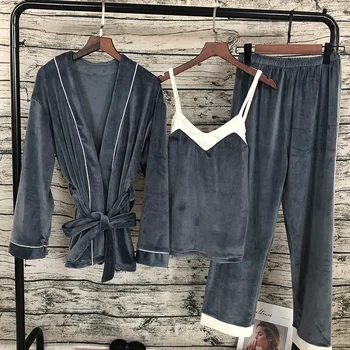 

3 Piece Women Pajamas Velvet Warm Sleepwear Bathrobe Nightwear Flannel Winter Negligee Lounge Wear Sleep Tops Pants Robe Sets