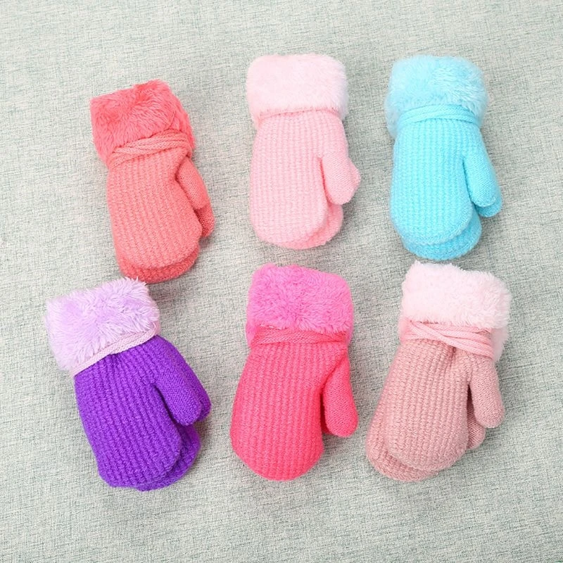 Winter Outdoor Baby Boys Girls Knitted Gloves Warm Rope Full Finger Mittens Gloves for Children Hanging neck Kids
