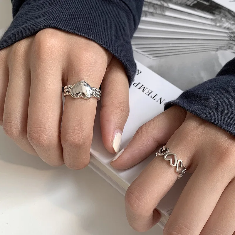 Silberner Herzring Für Damen, Retro Ring Mit Geometrischen Formen_voghion.com