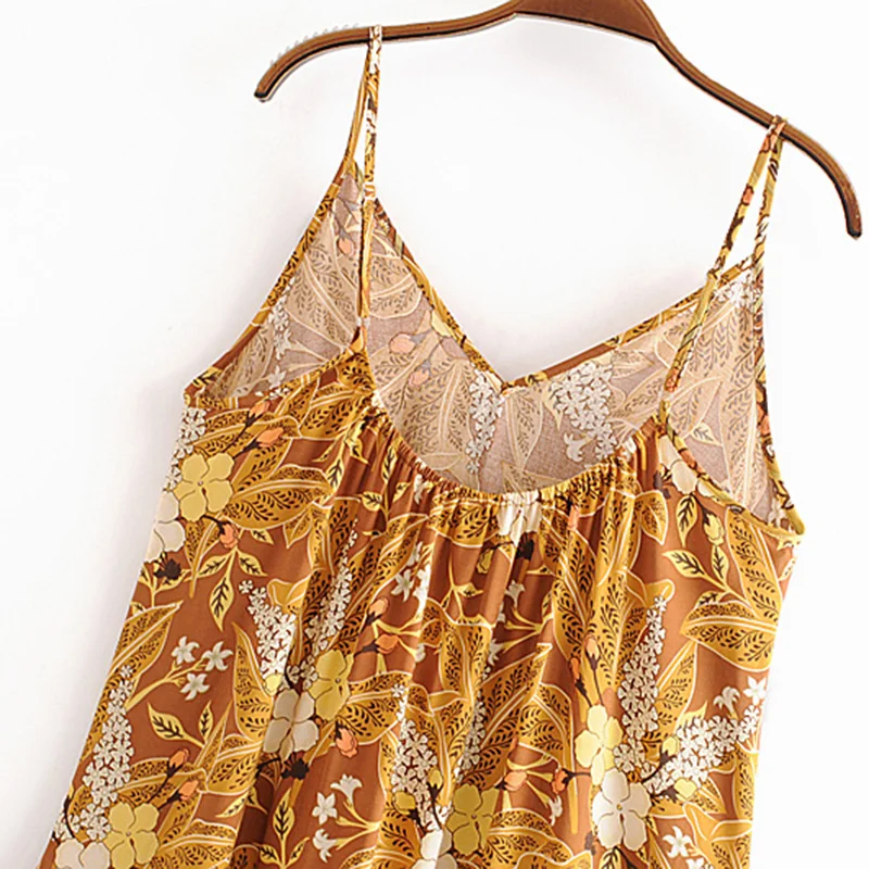 Boho сексуальное винтажное платье с цветочным принтом на бретелях средней длины