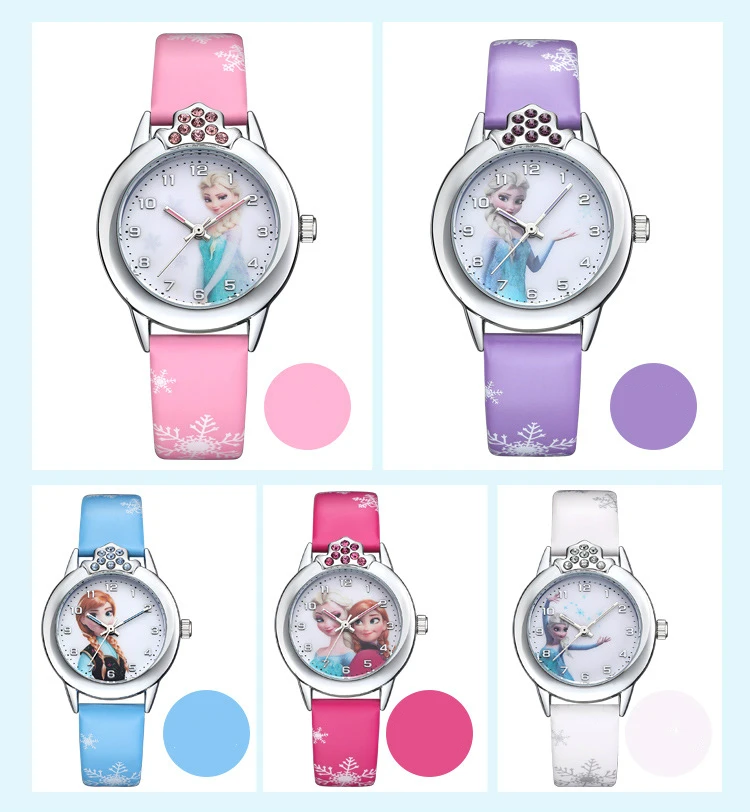 Часы Эльзы для девочек, детские часы принцессы Эльзы с кожаным ремешком, милые детские Мультяшные наручные часы, подарки для девочек