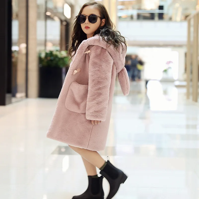 lower price 2019 Baby Teenage Winter Cartoon Thick Children Parka Kids Girls Faux Fur Fleece Ear Hooded Coats d