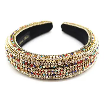

Personality Baroque Velvet Headband Women Colorful Rhinestone Beading Hair Hoop Golden Metal Chain Retro Headwear
