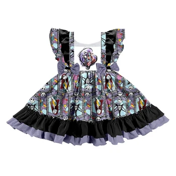 

black color square collar twirly dress girls boutique bowknot dress lovely flare sleeve with simple design frock