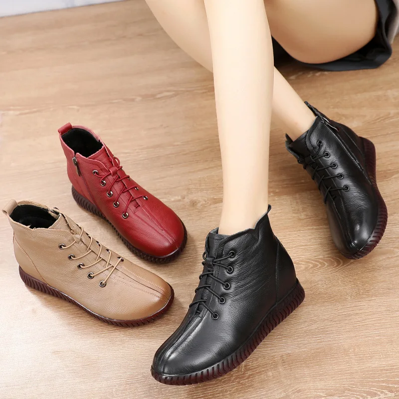 Tilocow Women's Cow Leather Winter Snow Boots Female Wedges Platform Shoes Woman Retro Rubber Boot Female Short Botas Mujer 2020