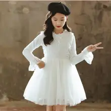 Новое зимнее кружевное платье принцессы с расклешенными рукавами для девочек. С бархатным и плотным платьем