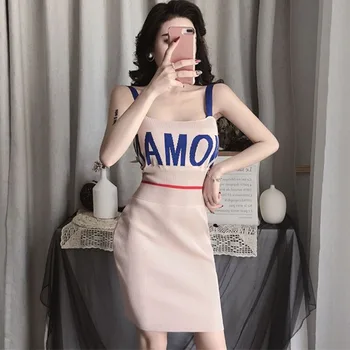

Women's Sexy Knitted Spaghetti Strap Dress Letter Print Mini Sleeveless Bodycon Summer Ladies Dress Feminina