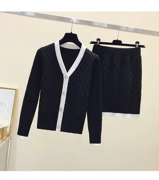

Fashion Women Fall Long Sleeve Cardigan Skirt Sets Casual V-Neck Knitted Two Piece Sets Elegant Elastic Waist 2 Piece Sets